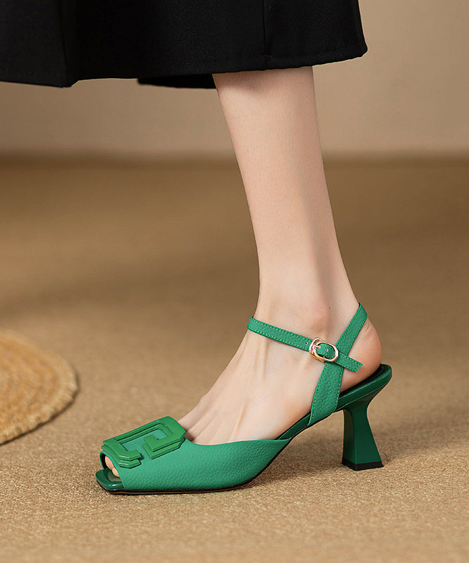 Toe Leather High Green French Square Faux Heels