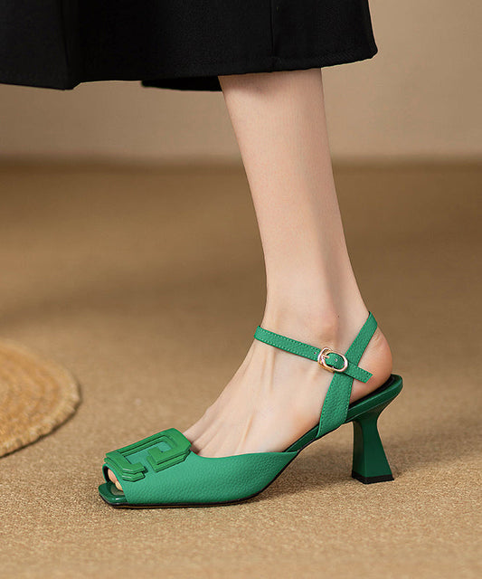 Toe Leather High Green French Square Faux Heels