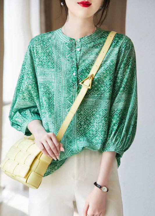 French Green O-Neck Print Chiffon Tops Fall WW021