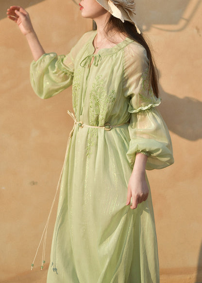 French Green Ruffled Embroidered Chiffon Dress Summer XX037