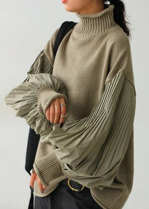 French Green Turtleneck Patchwork Knit Sweater Lantern Sleeve TF012