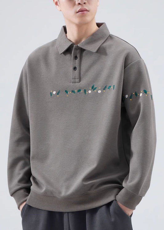 Embroideried Button French Grey Sweatshirts Mens Cotton TC020 Spring