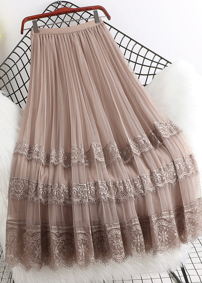 French Grey Lace Patchwork Wrinkled Tulle Skirt Spring QQ1041