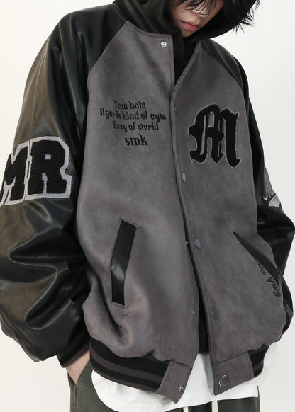 Suede TC013 Spring Faux Mens Grey Faux Patchwork Coat French Leather Letter