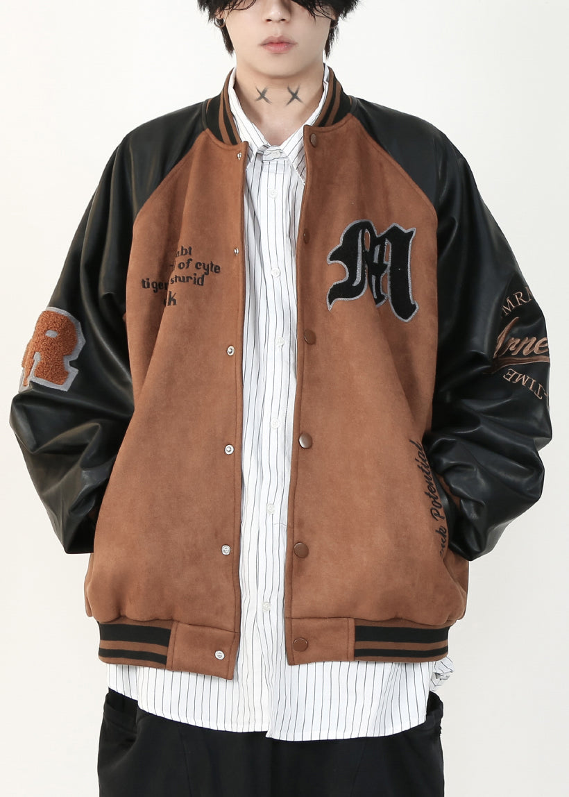 Suede TC013 Spring Faux Mens Grey Faux Patchwork Coat French Leather Letter