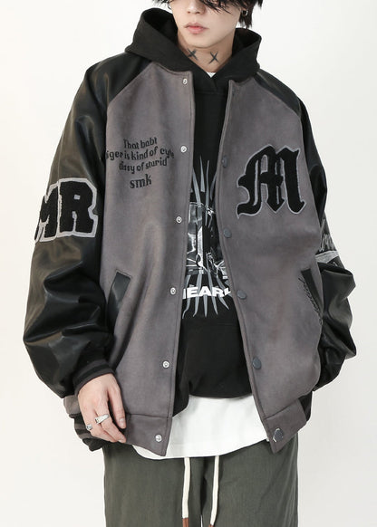 Suede TC013 Spring Faux Mens Grey Faux Patchwork Coat French Leather Letter