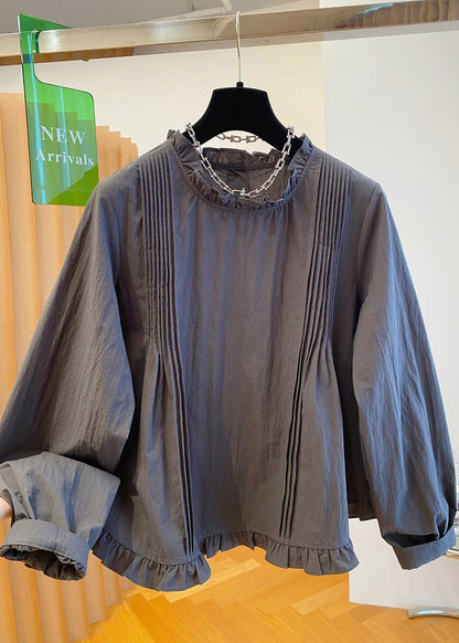 Patchwork Fall Grey Cotton Ruffled Shirt French
