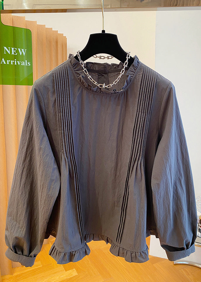 Patchwork Fall Grey Cotton Ruffled Shirt French
