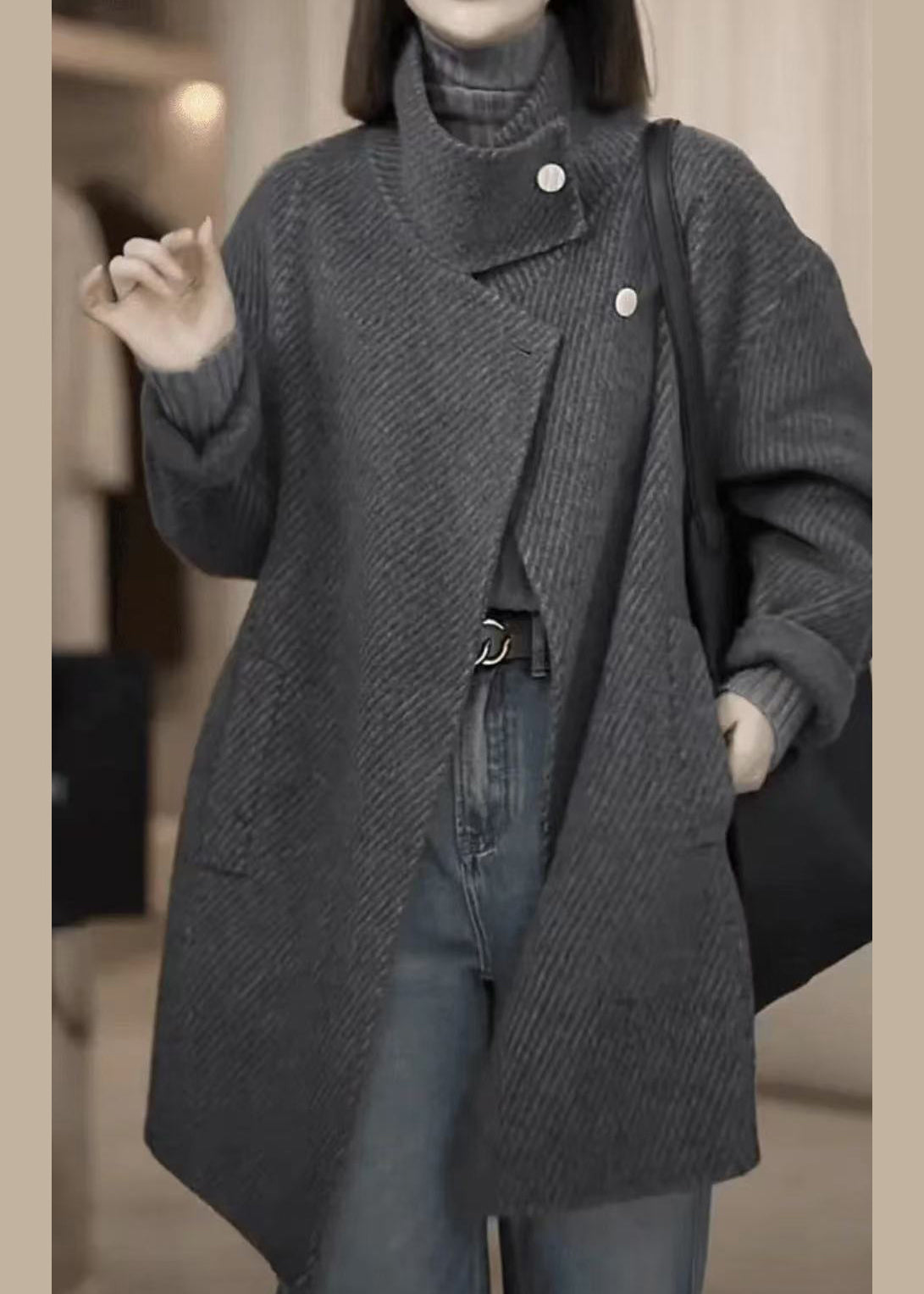 French Grey Stand Collar Button Pockets Woolen Coat Spring TY012