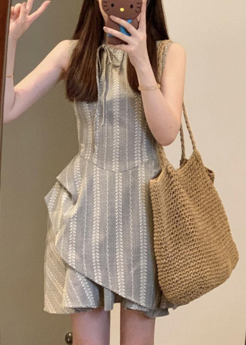 Cotton Grey French Sleeveless Dress Mini Lace Up Striped