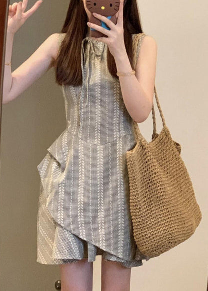 Cotton Grey French Sleeveless Dress Mini Lace Up Striped