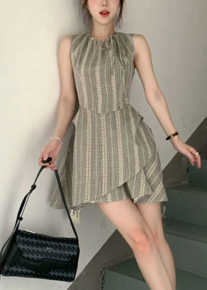 Cotton Grey French Sleeveless Dress Mini Lace Up Striped