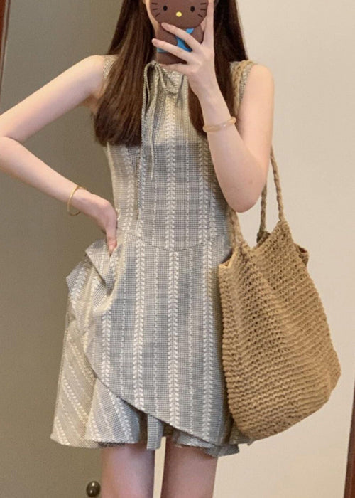 Cotton Grey French Sleeveless Dress Mini Lace Up Striped