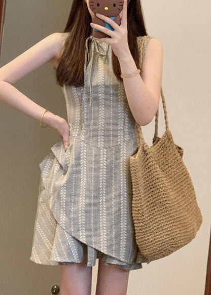 Cotton Grey French Sleeveless Dress Mini Lace Up Striped