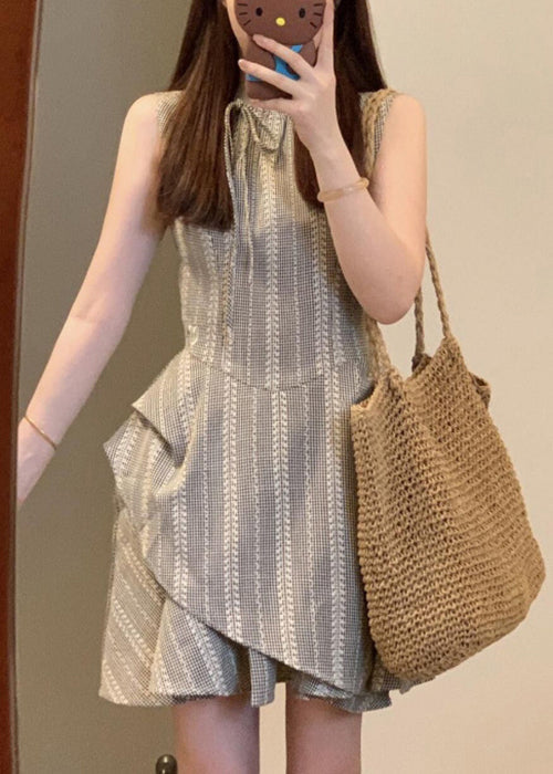 Cotton Grey French Sleeveless Dress Mini Lace Up Striped
