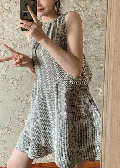 Cotton Grey French Sleeveless Dress Mini Lace Up Striped