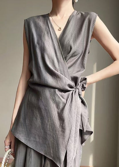 Grey Up Cotton Shirt French Lace Sleeveless Neck V
