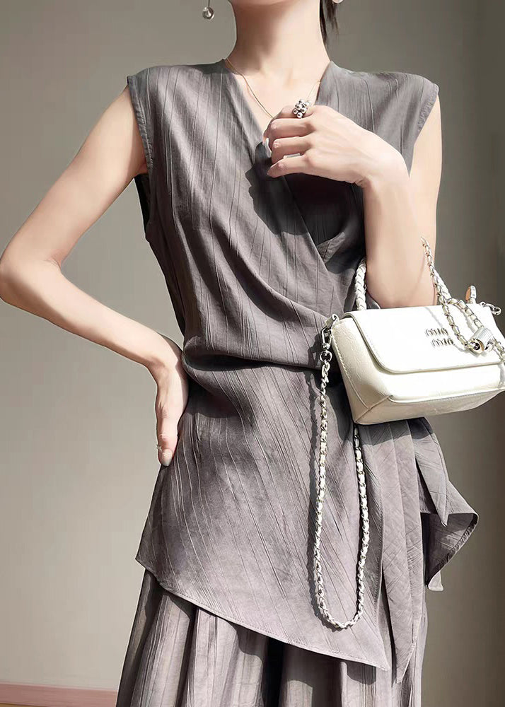 Grey Up Cotton Shirt French Lace Sleeveless Neck V
