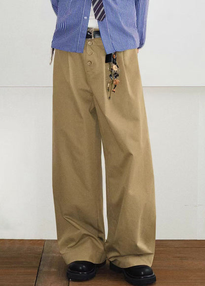 Button Khaki Mens Pockets Summer French Pants Solid Cotton