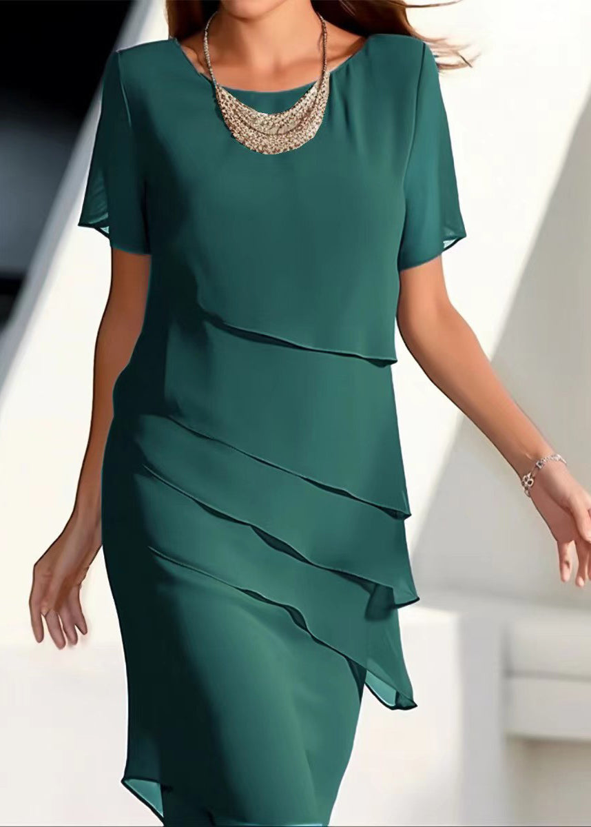 Short Dresses French Chiffon Layered Maxi Solid O-Neck Khaki