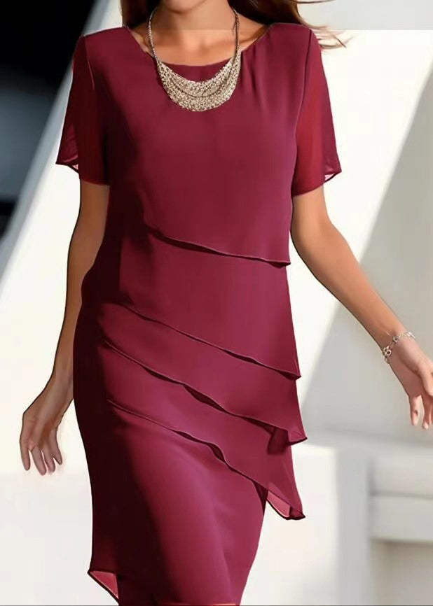 Short Dresses French Chiffon Layered Maxi Solid O-Neck Khaki