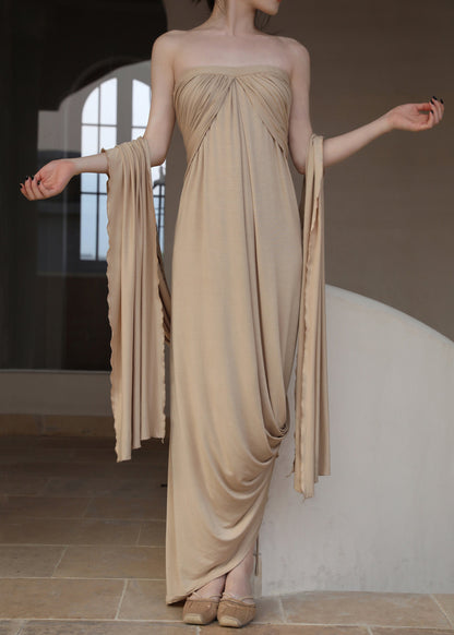 Off French Wrinkled Shoulder Dresses Cotton Khaki Long The