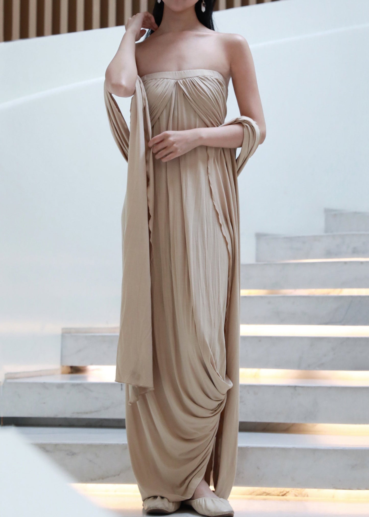 Off French Wrinkled Shoulder Dresses Cotton Khaki Long The