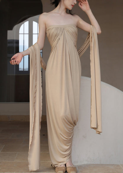 Off French Wrinkled Shoulder Dresses Cotton Khaki Long The