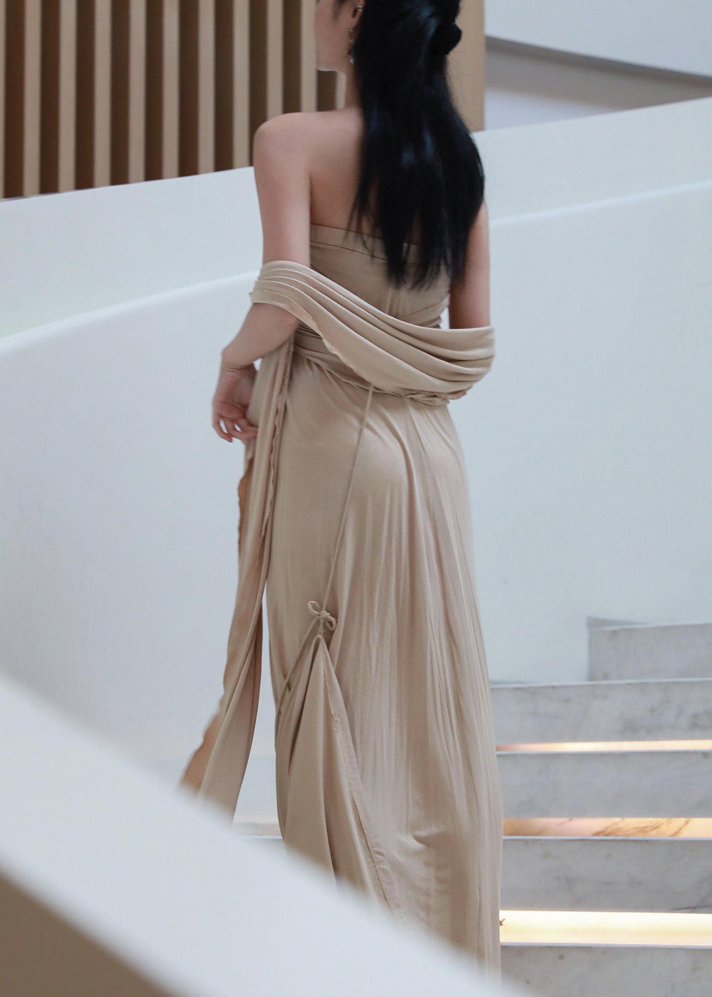 Off French Wrinkled Shoulder Dresses Cotton Khaki Long The