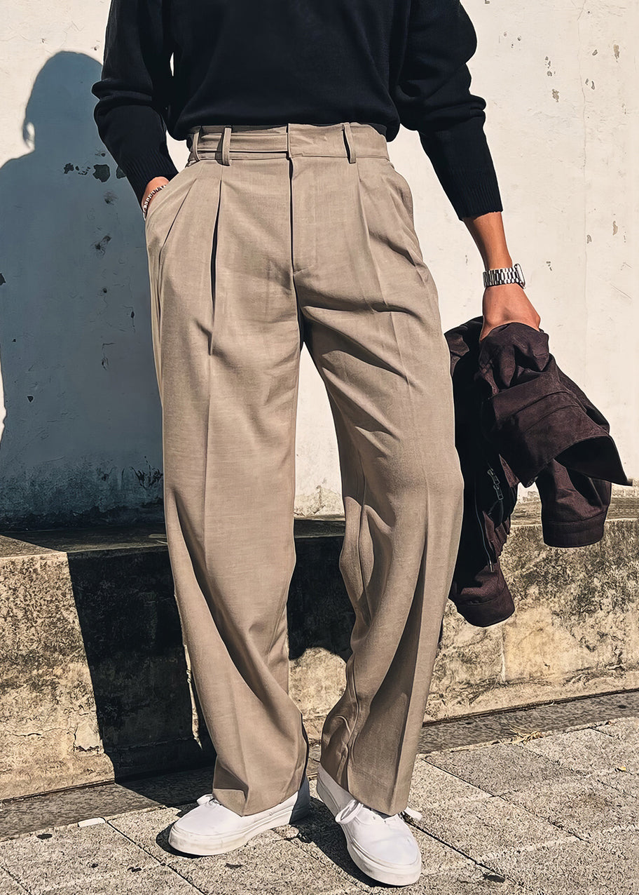 Pockets Solid Pants Fall Waist French High Khaki Mens Spandex