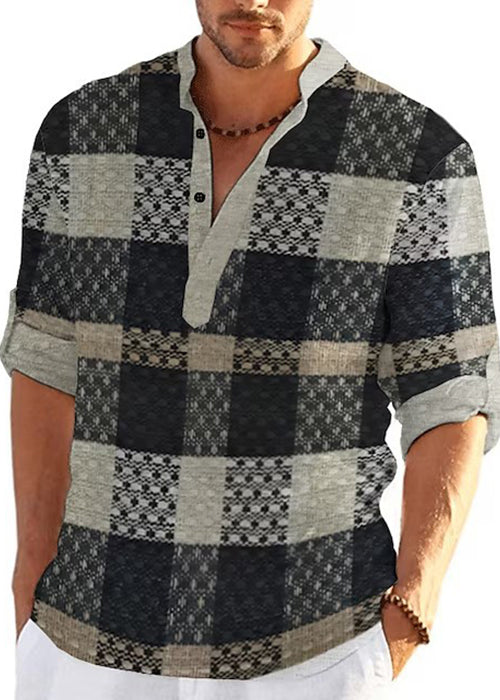 Fall Shirts Plaid Men's Collar Stand Cotton Khaki French T