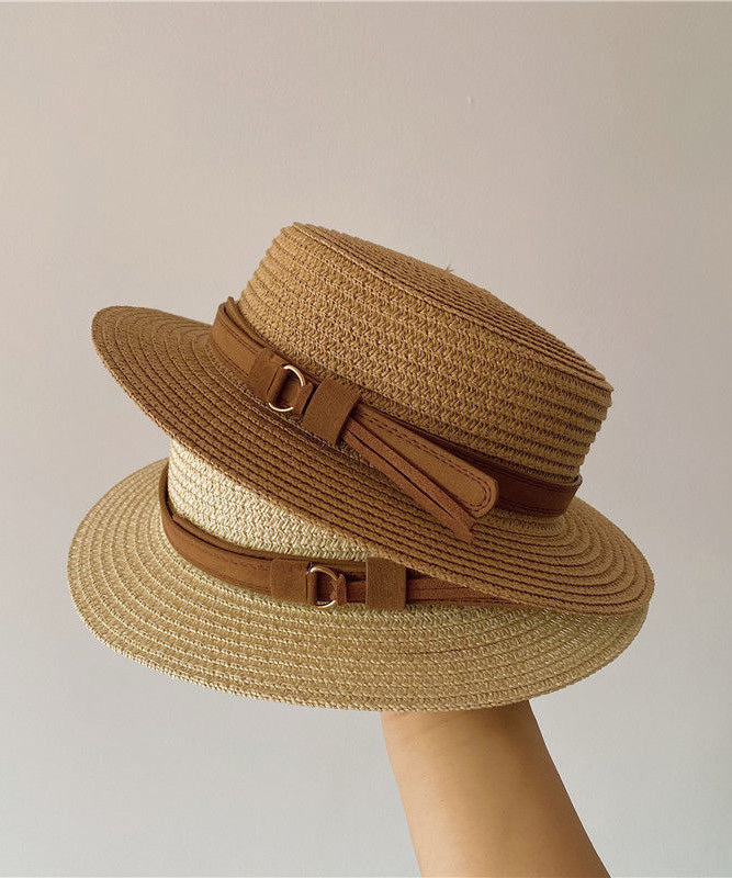 Flat Sun French Hat Straw Cloche Khaki Woven Top