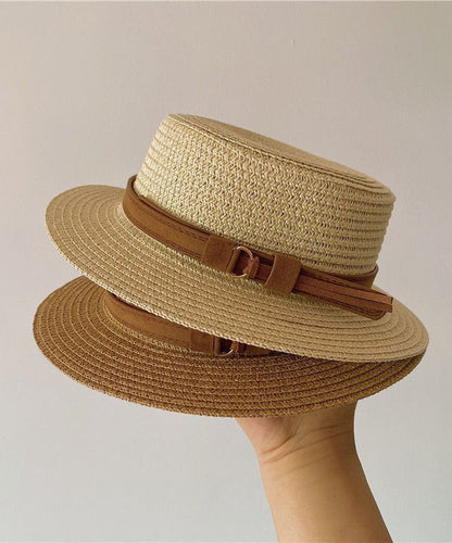 Hat Flat Cloche Sun French Straw Top Woven Khaki
