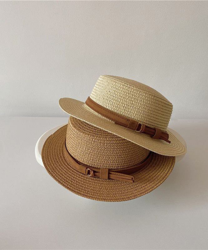 Flat Sun French Hat Straw Cloche Khaki Woven Top