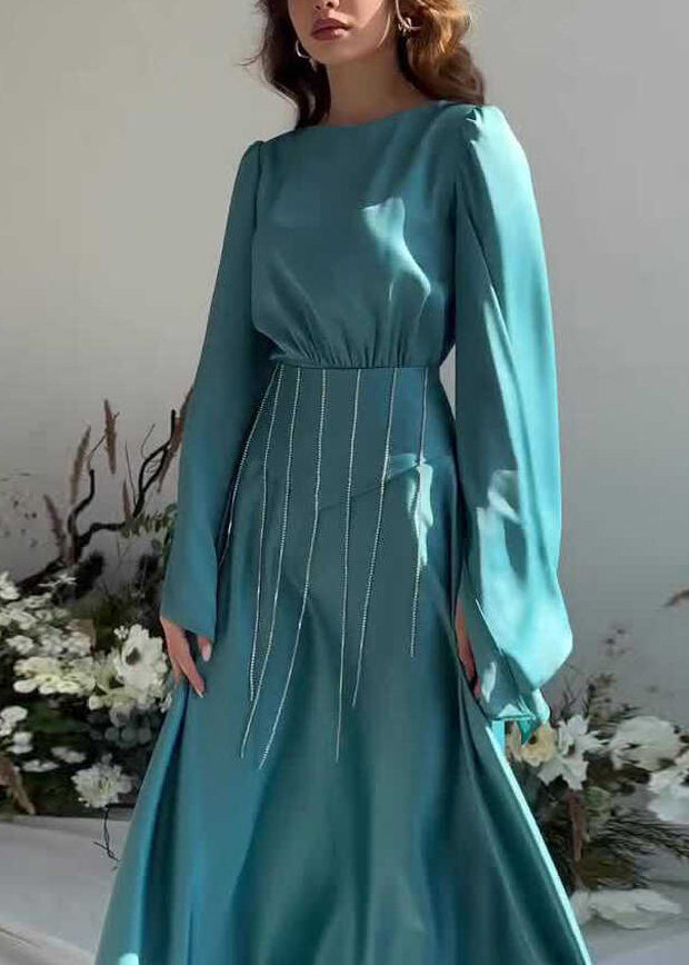 Französisches, seeblaues, langes Seidenkleid mit Quaste und Schnürung, Herbst QL021