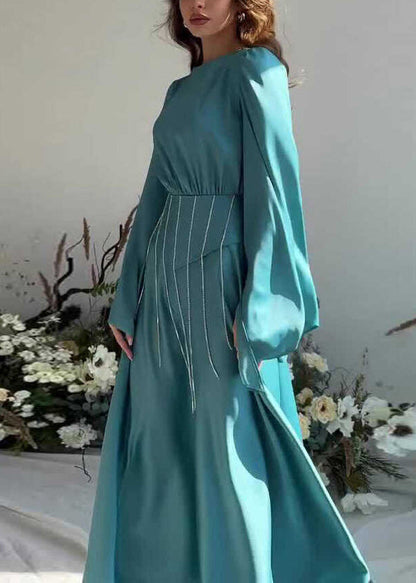 Französisches, seeblaues, langes Seidenkleid mit Quaste und Schnürung, Herbst QL021