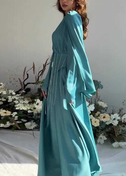 Französisches, seeblaues, langes Seidenkleid mit Quaste und Schnürung, Herbst QL021