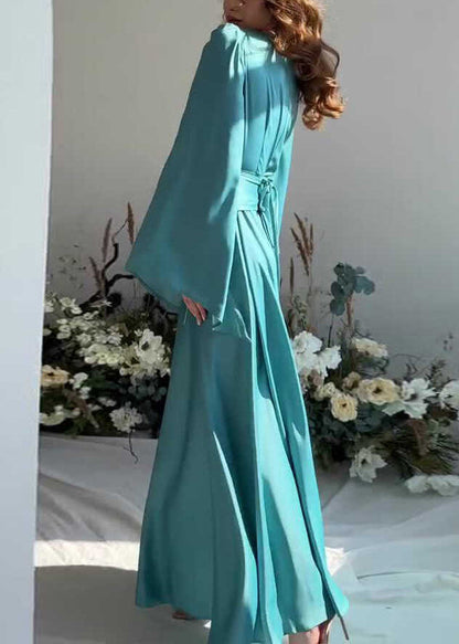 Französisches, seeblaues, langes Seidenkleid mit Quaste und Schnürung, Herbst QL021