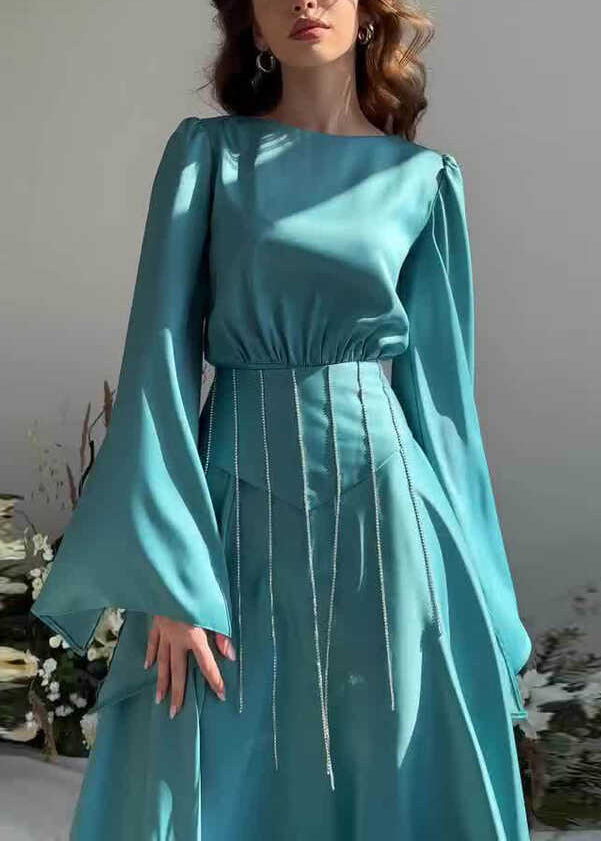 Französisches, seeblaues, langes Seidenkleid mit Quaste und Schnürung, Herbst QL021