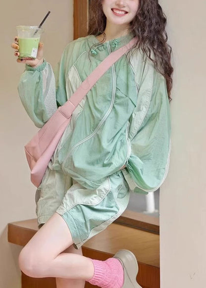 French Light Green Patchwork Shirts And Shorts Two Piece Set Summer UU1005