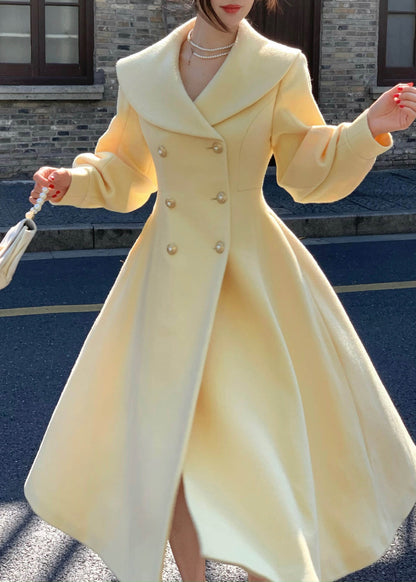 French Light Yellow Peter Pan Collar Double Breast Woolen Coat Spring TH044