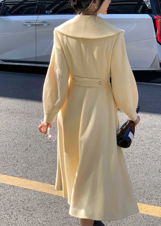 French Light Yellow Peter Pan Collar Double Breast Woolen Coat Spring TH044