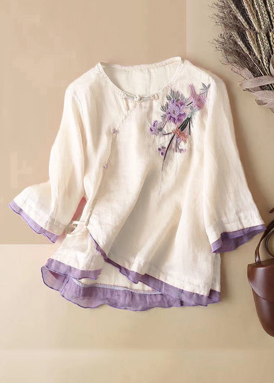 French Linen Embroidered Button Cotton Blouses Half Sleeve JH023