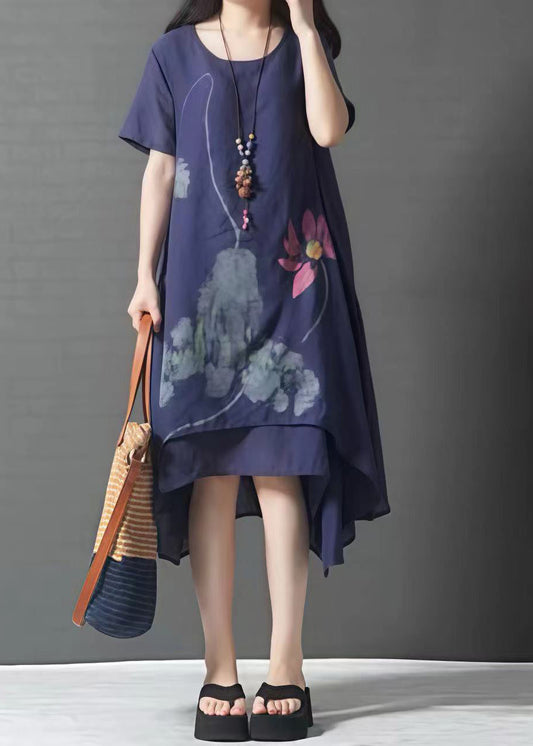 Navy Summer French Linen Oversized Layered Print Dress