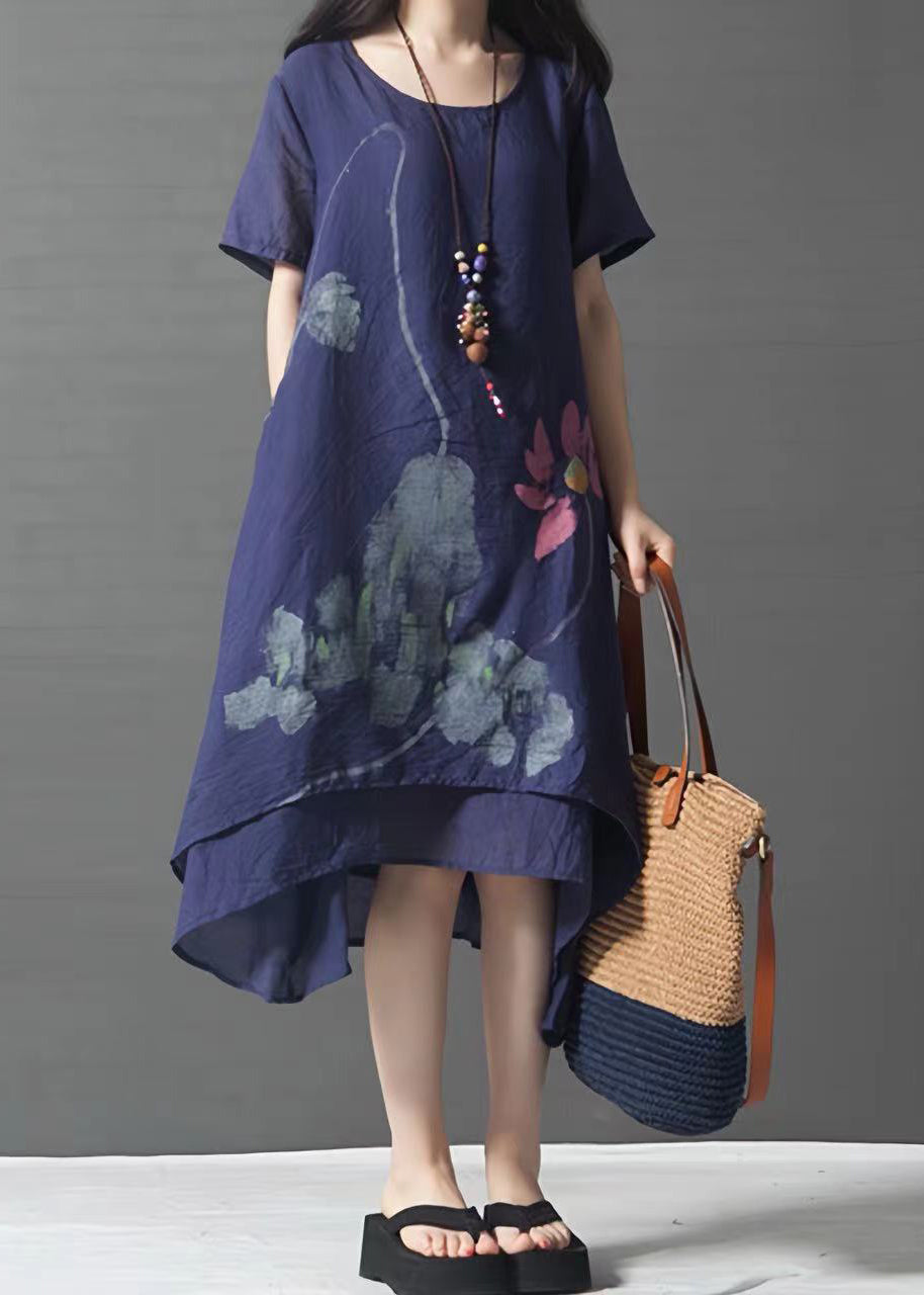 Navy Summer French Linen Oversized Layered Print Dress