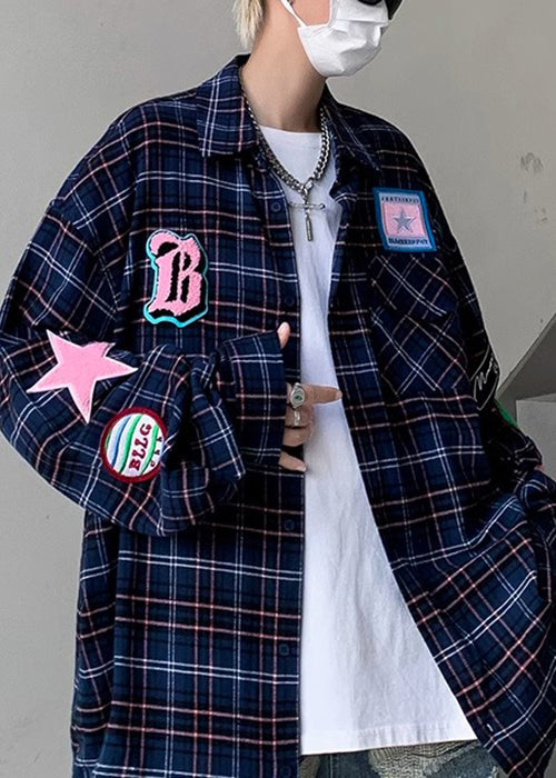 Navy Pockets Plaid Men Spring Shirt French Cotton