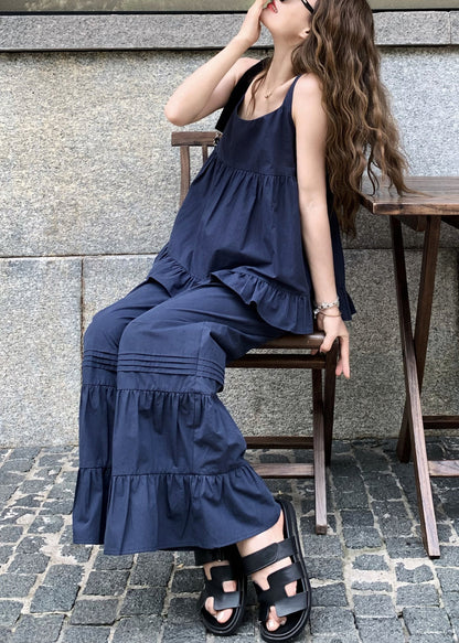 French Navy Ruffled Tops And Flare Bottoms Cotton Two Piece Set Sleeveless AW1011