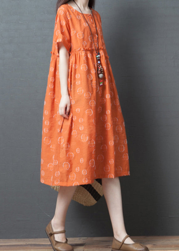 Robe longue à pois orange à manches courtes VB1028