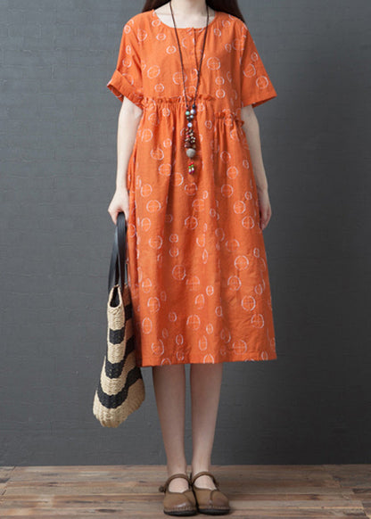 Robe longue à pois orange à manches courtes VB1028