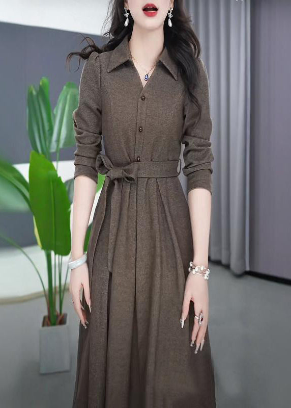 French Peter Pan Collar Tie Waist Flattering Button Maxi Dress Spring RF032